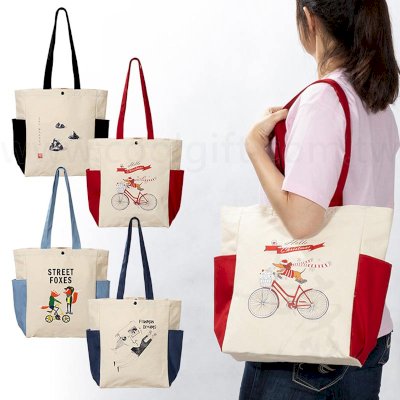 本白配色兩側口袋帆布包