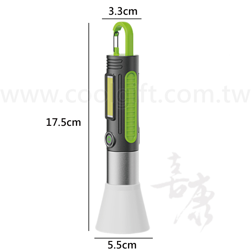 一款綠色和灰色相間的兩用吊掛露營燈 具有可拆卸的燈罩 適合戶外露營使用